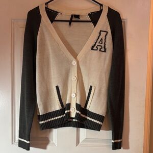 Gray and White Letterman Cardigan with Letter Patch